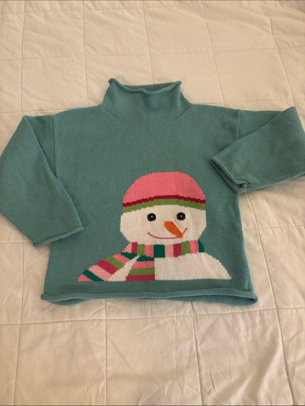 Kids Teal Snowman Knit Sweater - Cozy Holiday Pullover
